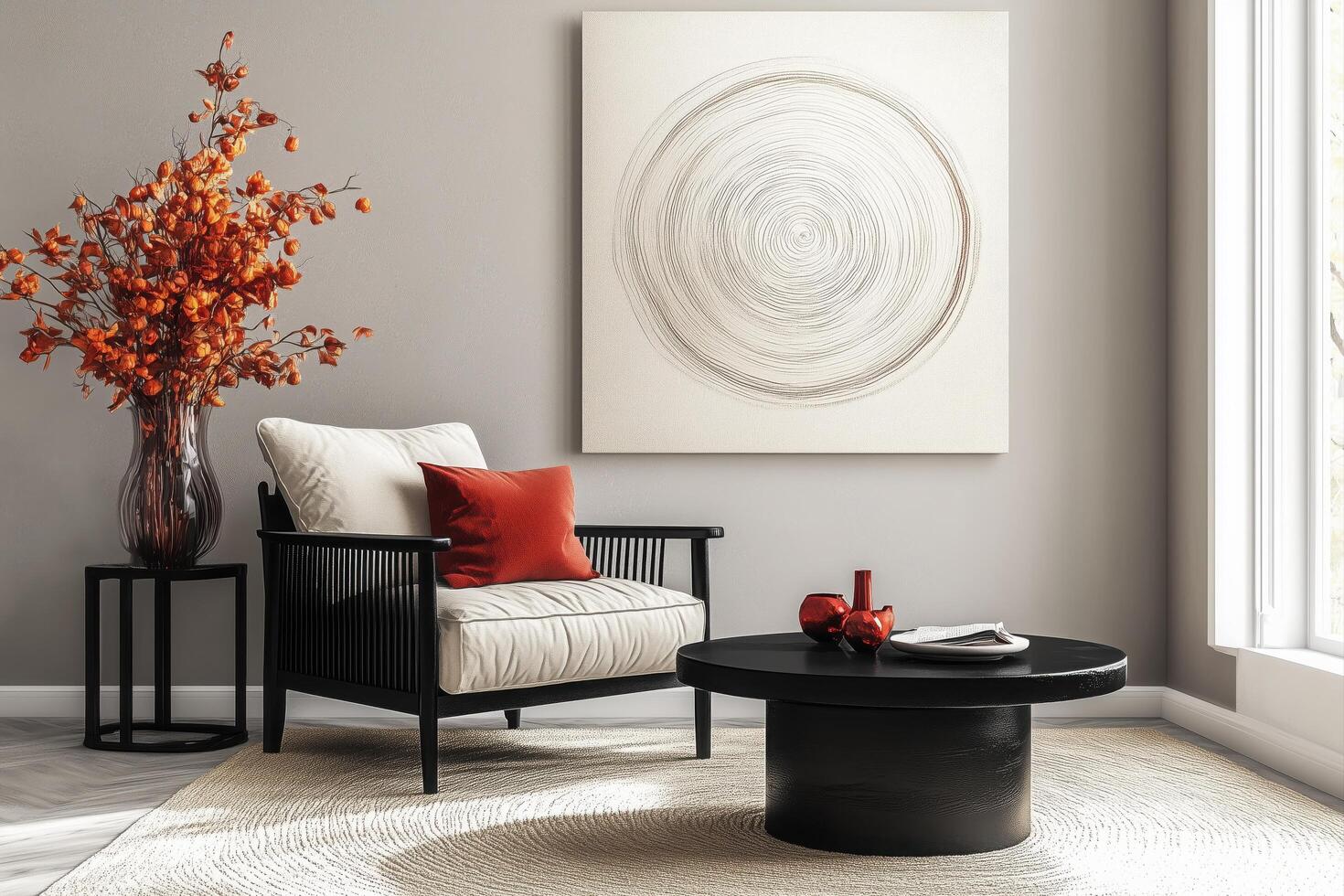A living room with a white chair and a vase of flowers photo