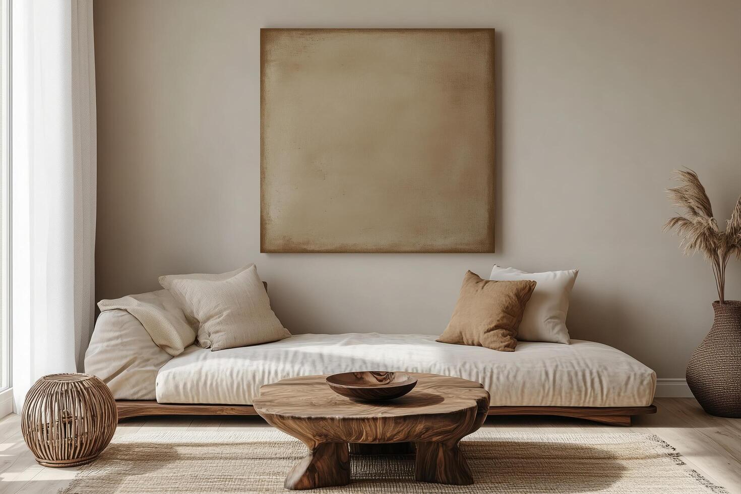 A living room with a wooden table and a large painting photo