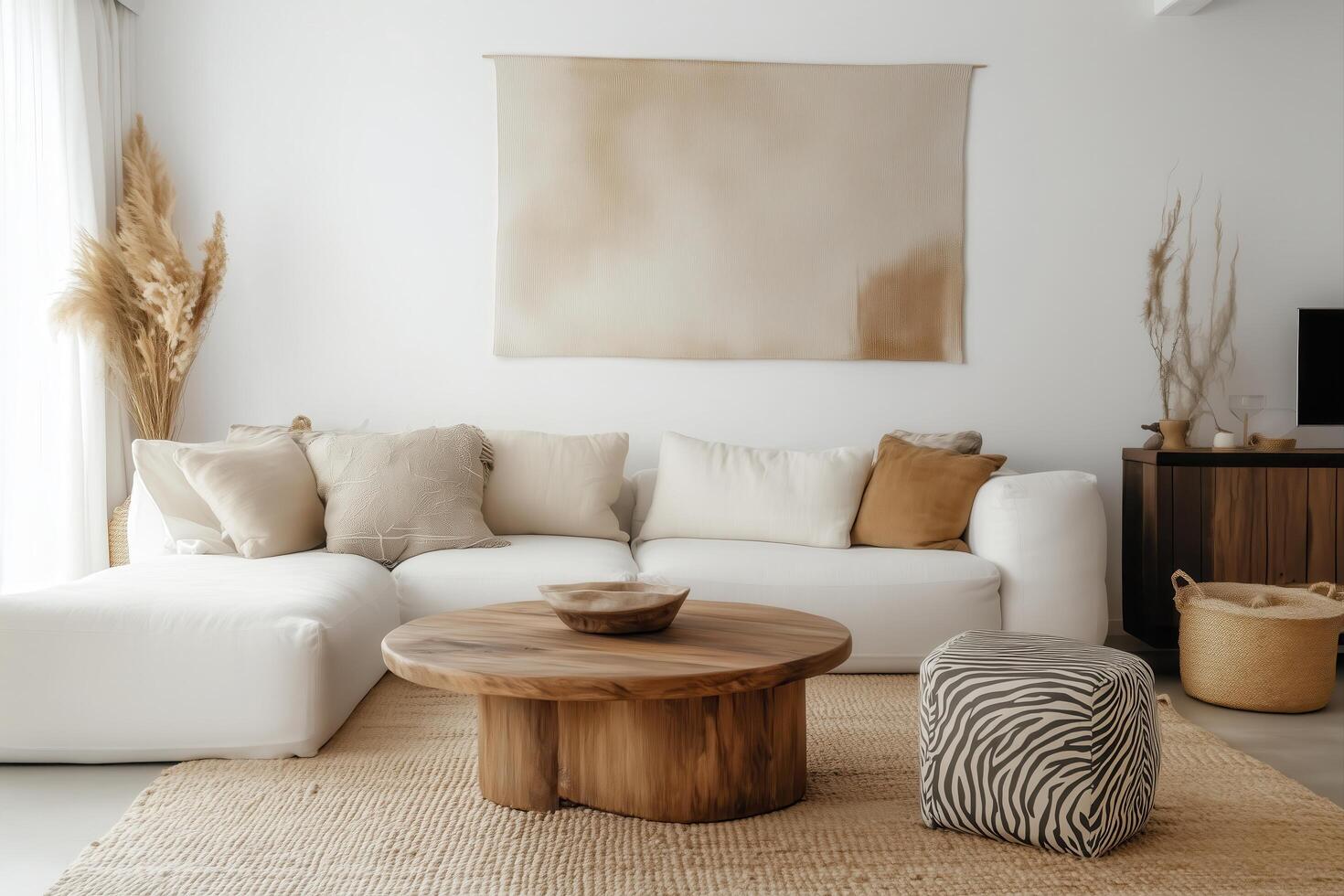 A white living room with a wooden table and a rug photo