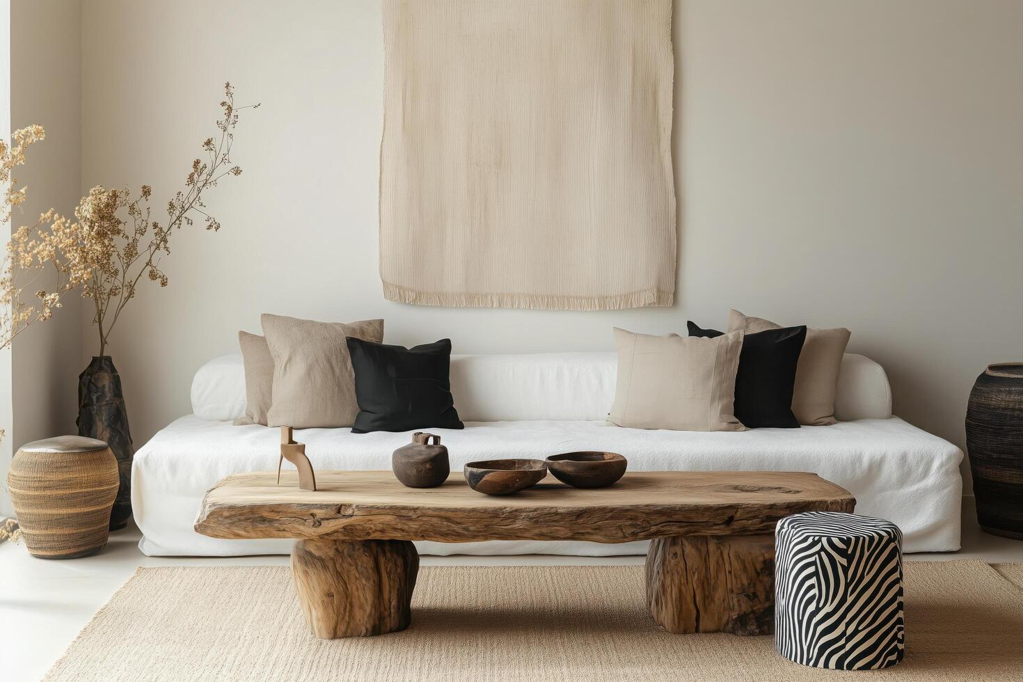 A living room with a white couch and wooden table photo