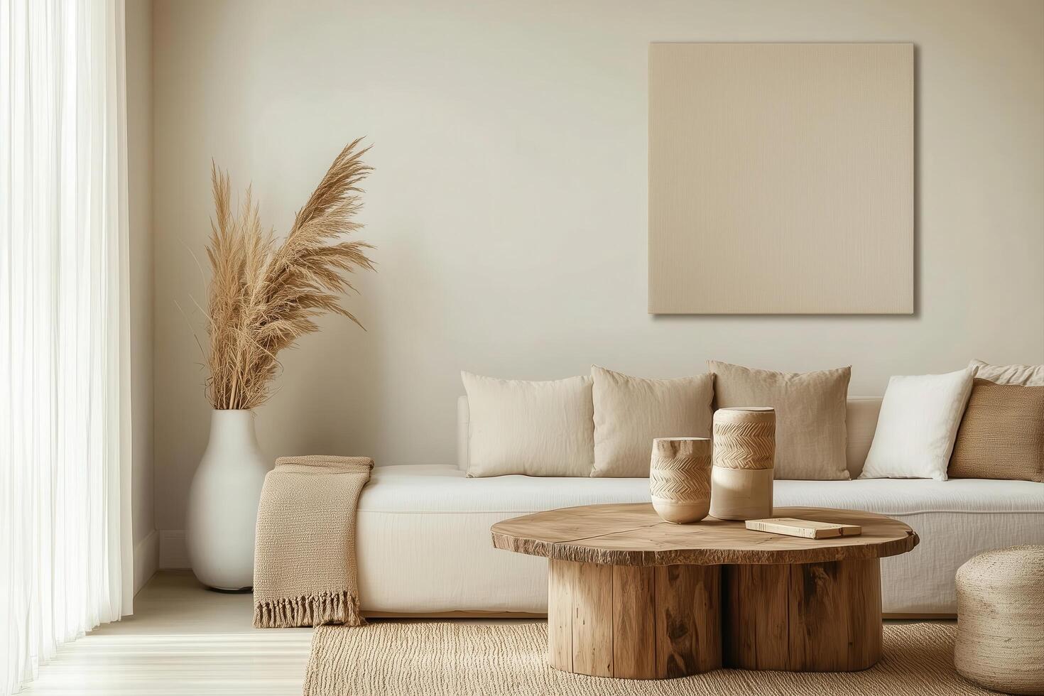 A living room with beige furniture and a large blank canvas photo