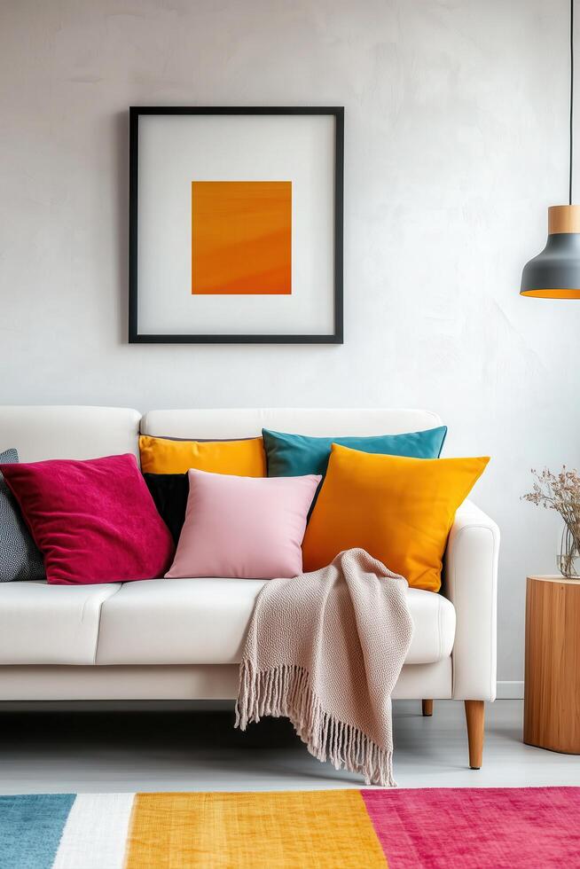 A colorful rug and couch in front of a painting photo
