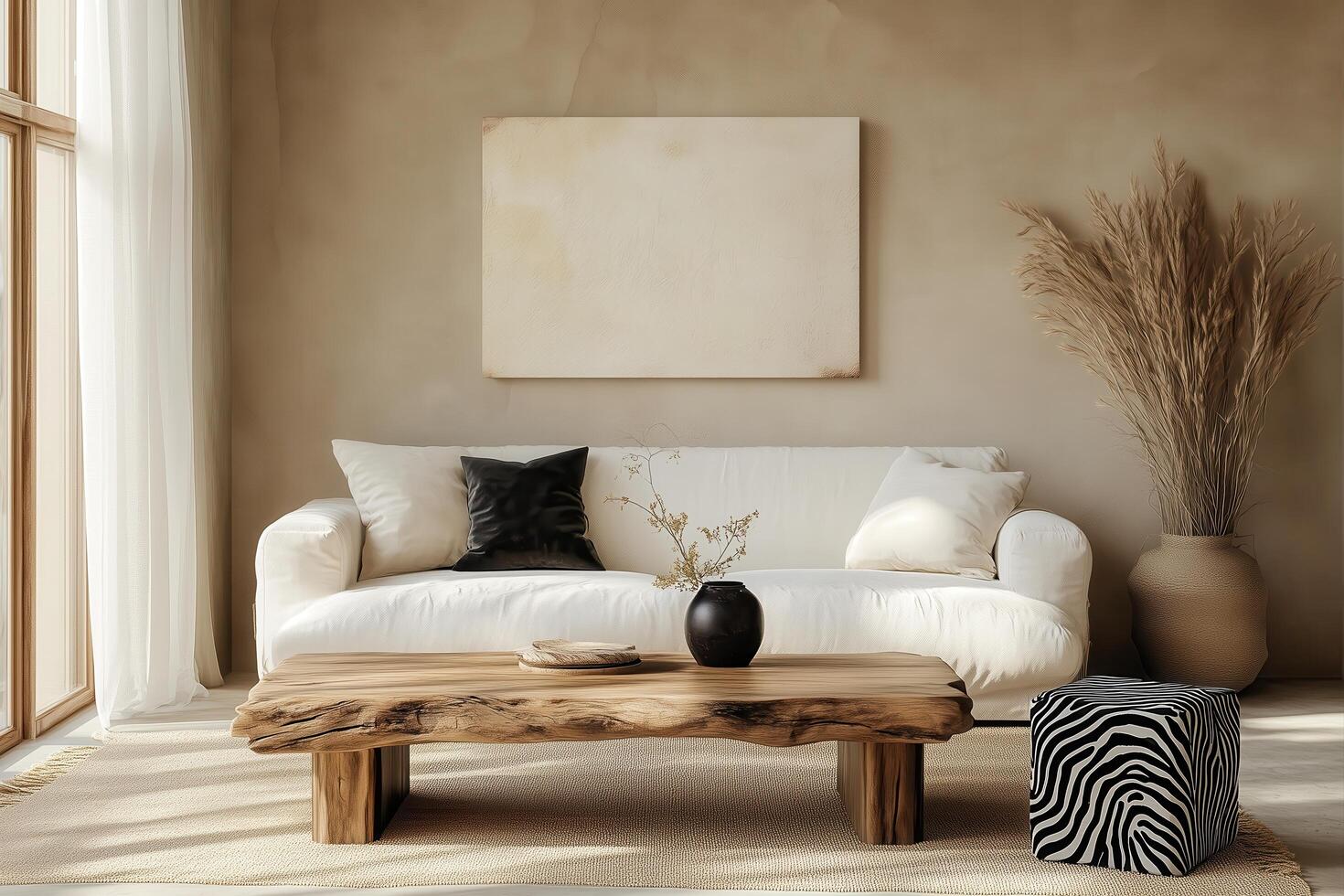 A living room with a white couch and a zebra print rug photo