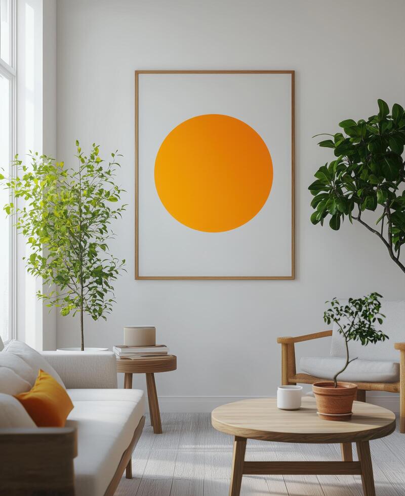 A white living room with a large orange circle on the wall photo