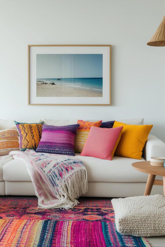 A colorful rug is in front of a white couch photo