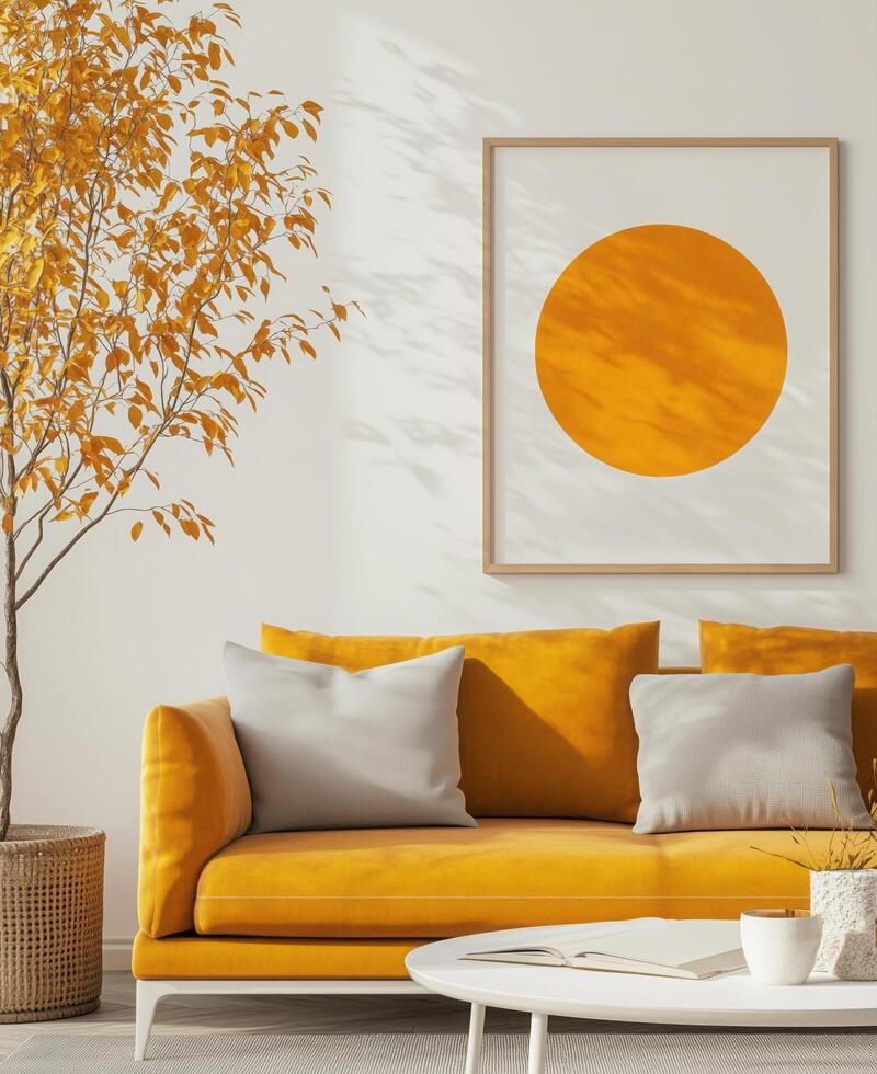 A yellow sofa in front of a white wall with a picture frame photo