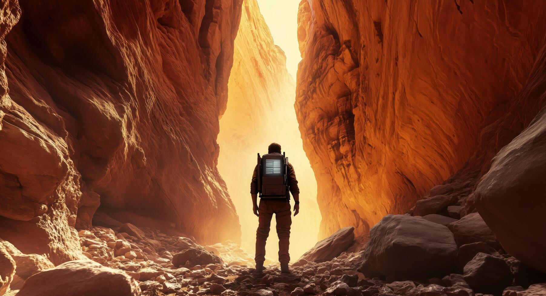 A man in a backpack stands in a canyon photo