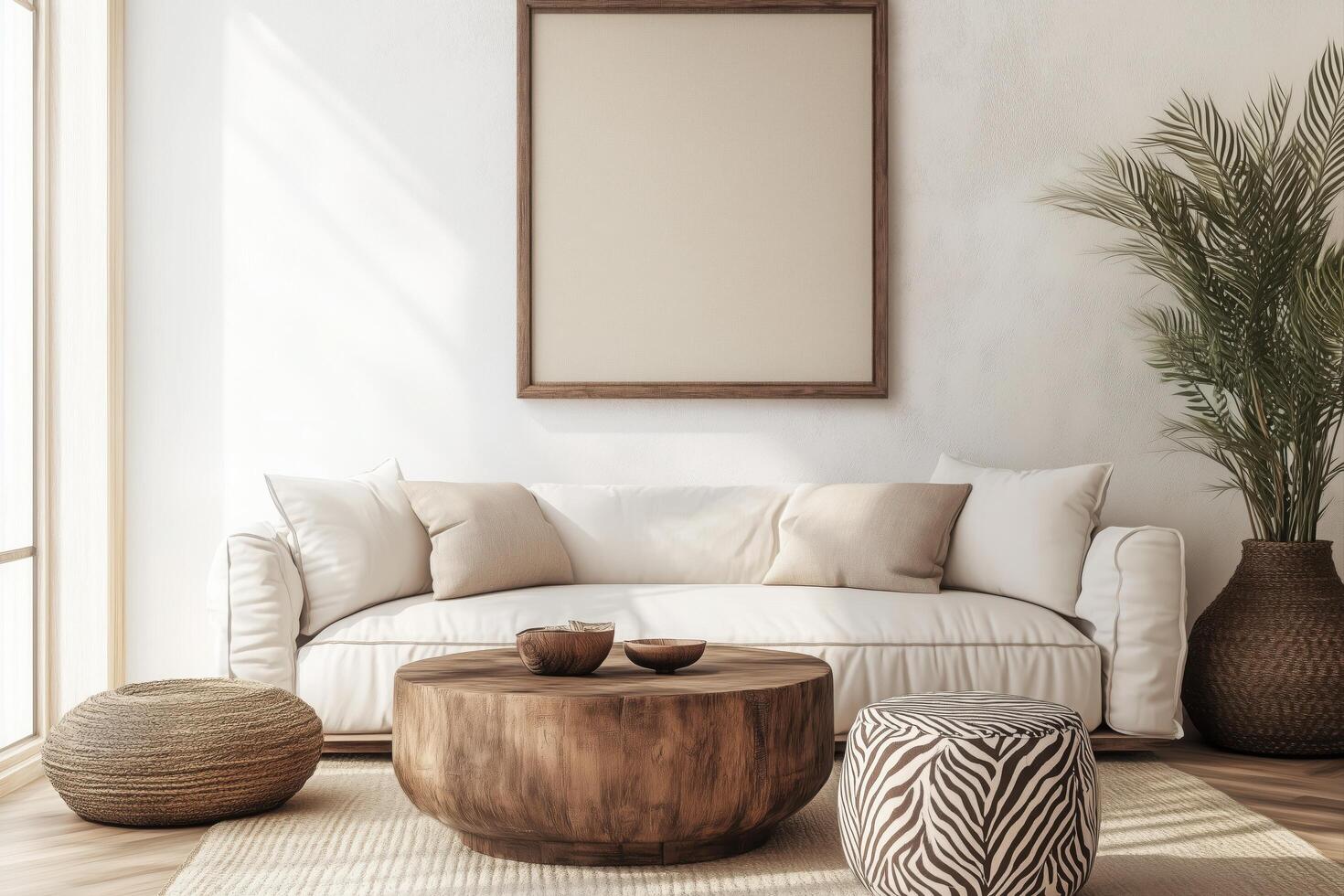 A white living room with a wooden table and a picture frame photo