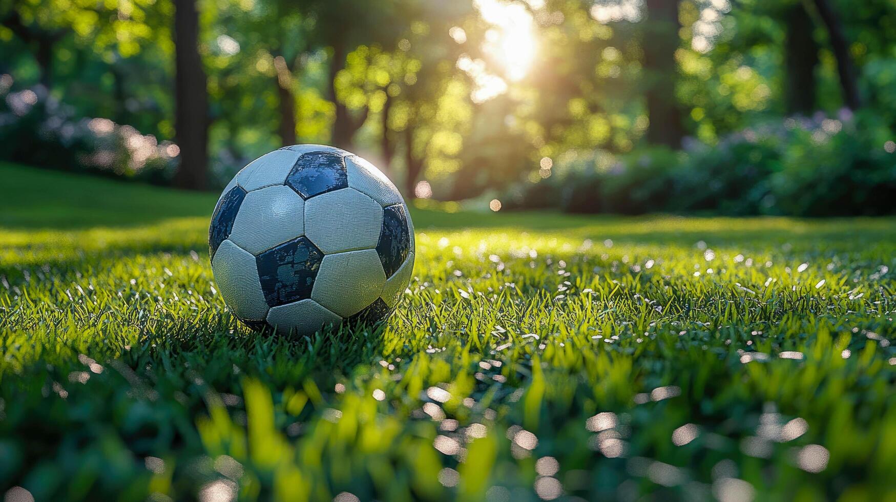 A black and white soccer ball resting on a fresh green grass field with white daisy flowers under bright daylight, evoking a sense of anticipation and play photo