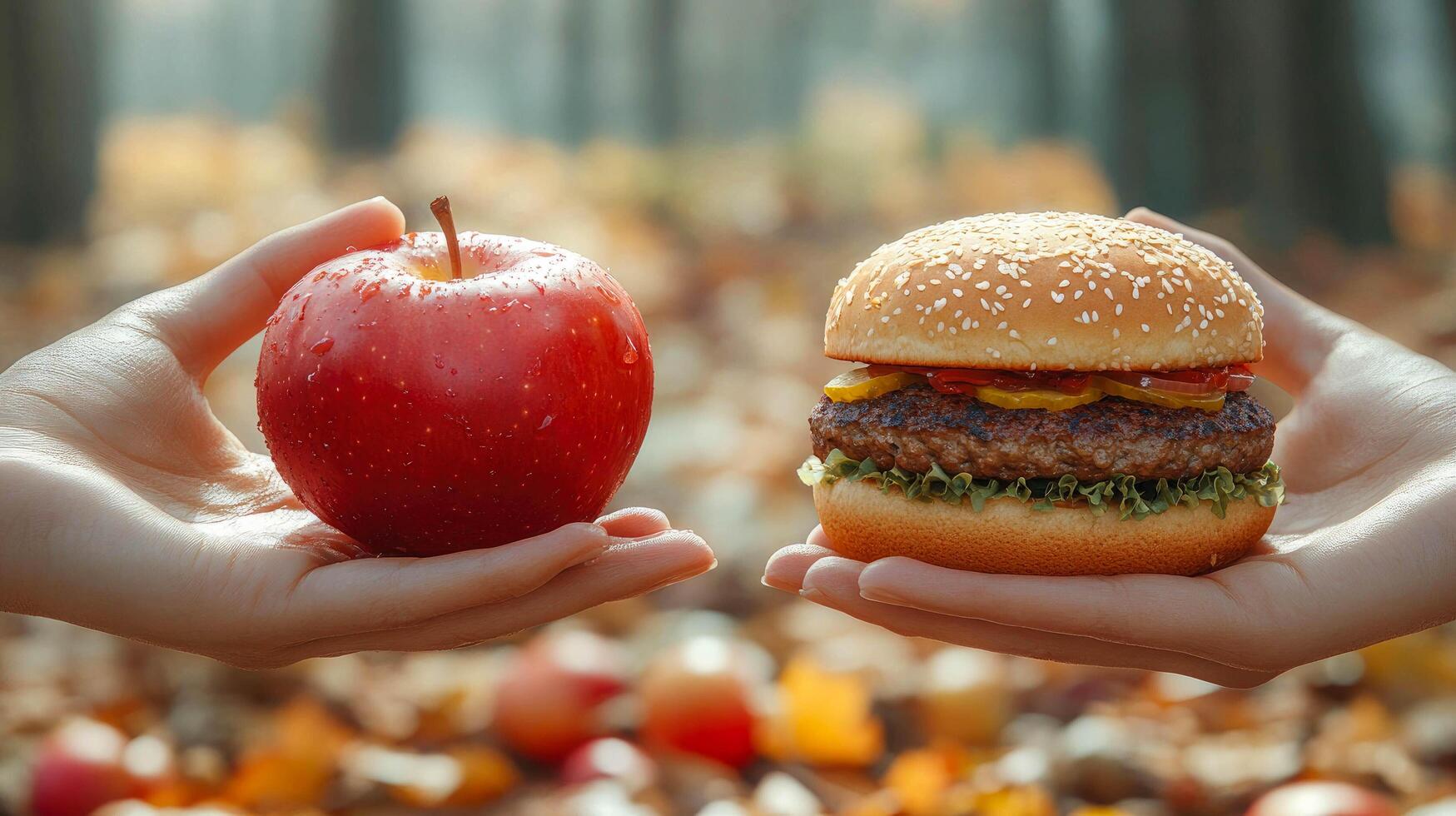 A person holds a fresh red apple in one hand and a hamburger in the other, symbolizing a choice between healthy and fast food photo