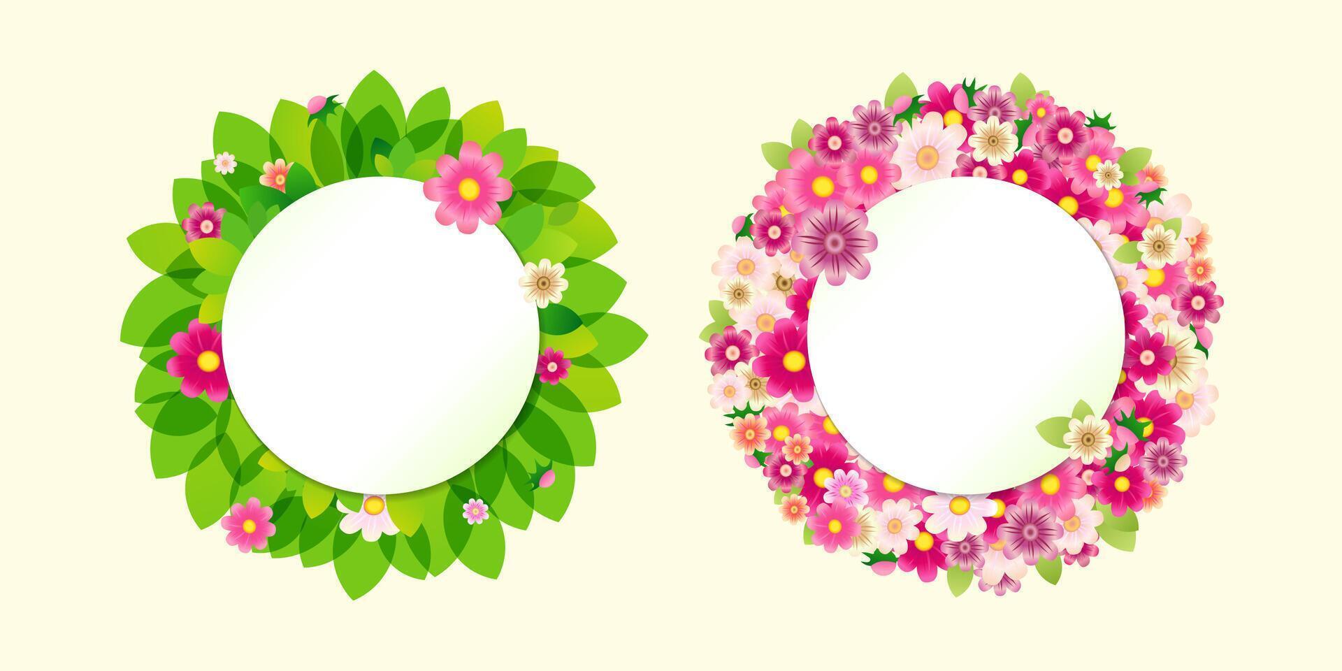 Set of beautiful floral wreaths with flowers and leaves. Green and pink template of round frames. Spring or summer collection. 3D graphic. Label design with white sheet of paper and copy space. vector