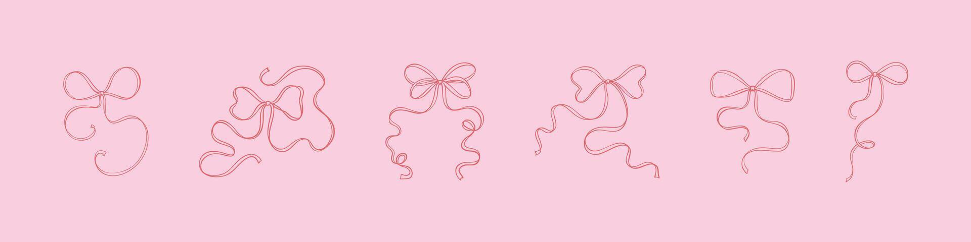 Set of cute line pink hair bows. Feminine baller core accessories. Hand drawn sketchy coquette style illustration. Tiny girly filigree pastel colored design elements. Whimsical wavy drawings vector