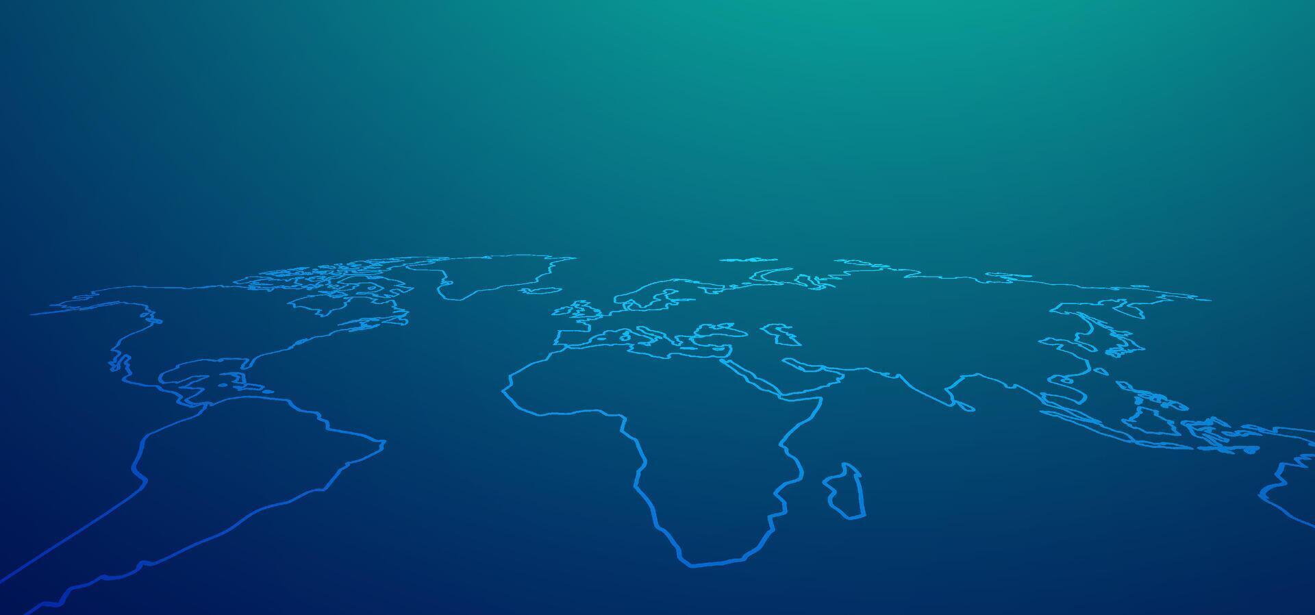 Minimal world map line drawing on a green-blue gradient background. Great for global business, data networks, and international technology projects vector