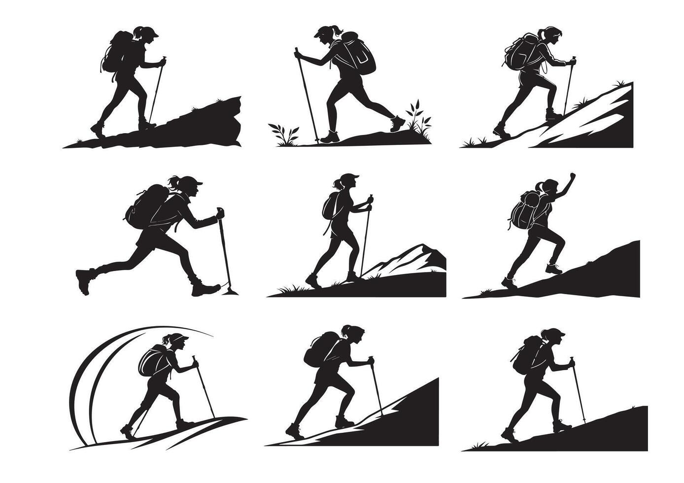 Hiking man Silhouette set vector