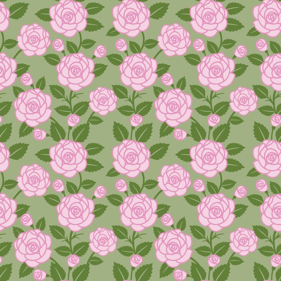 Seamless pattern with pink roses on pale green background. Flower wallpaper. Botanical illustration. vector