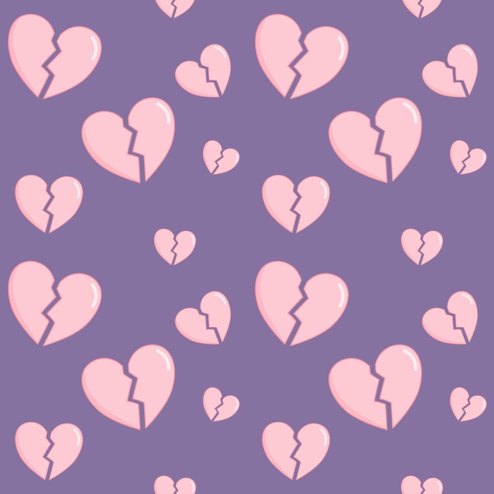 Seamless pattern with pink broken hearts on purple background. Sadness illustration on violet wallpaper. vector