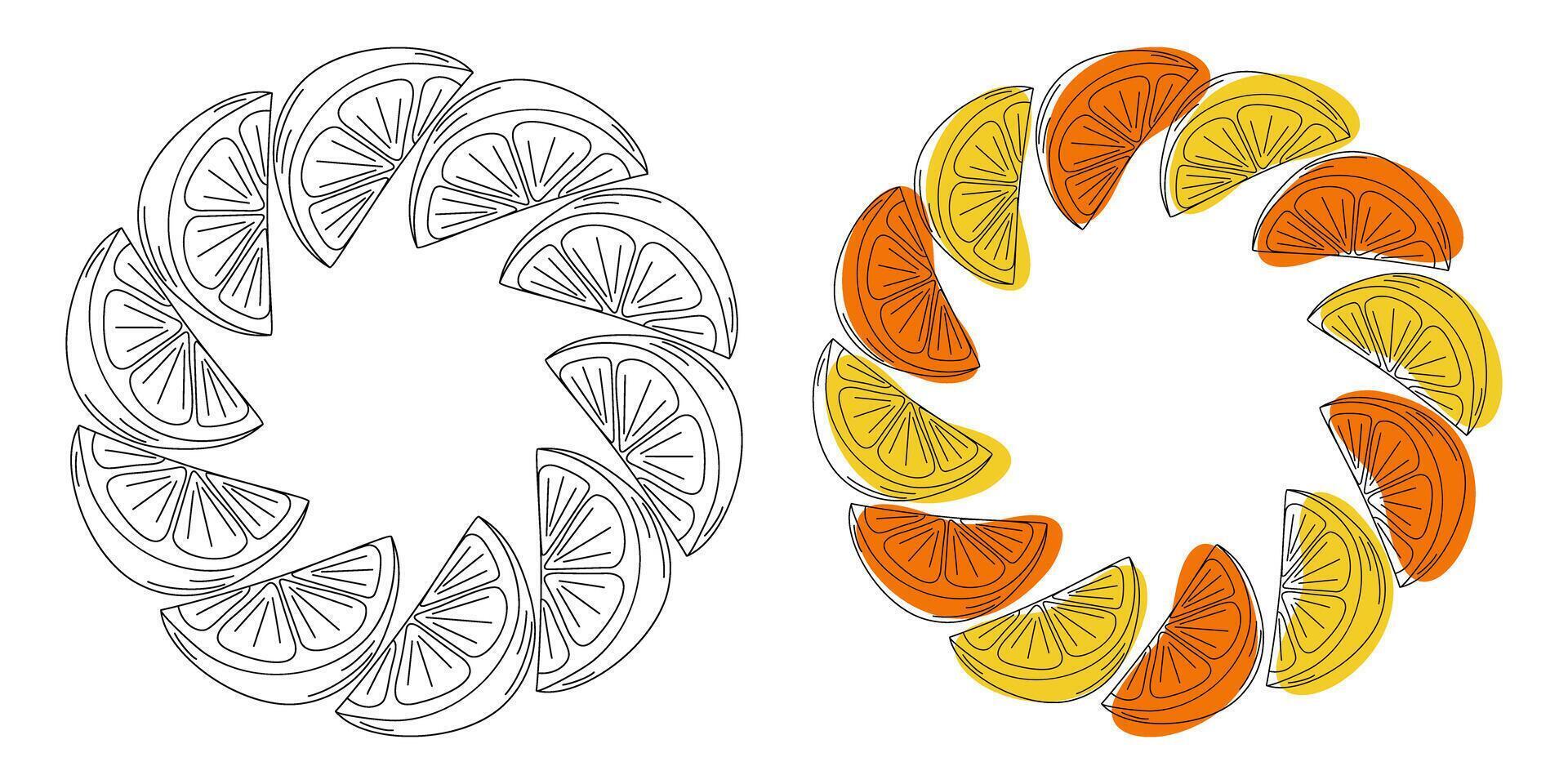 Outline Freehand Lemon Orange slices Yellow Orange Abstract Spots Circular Frames Copy space Set 2. Template. Isolated illustration Thematic Card or web promo banner, leaflet, price tag, poster vector