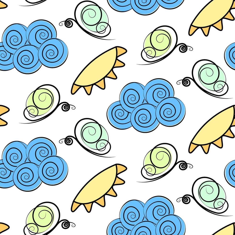 Stylized Butterflies Sun Clouds Seamless Pattern Freehand Summer Abstract Background Texture concept. Isolated illustration Thematic Card Wallpaper Wrapping or web promo banner, poster, leaflet vector