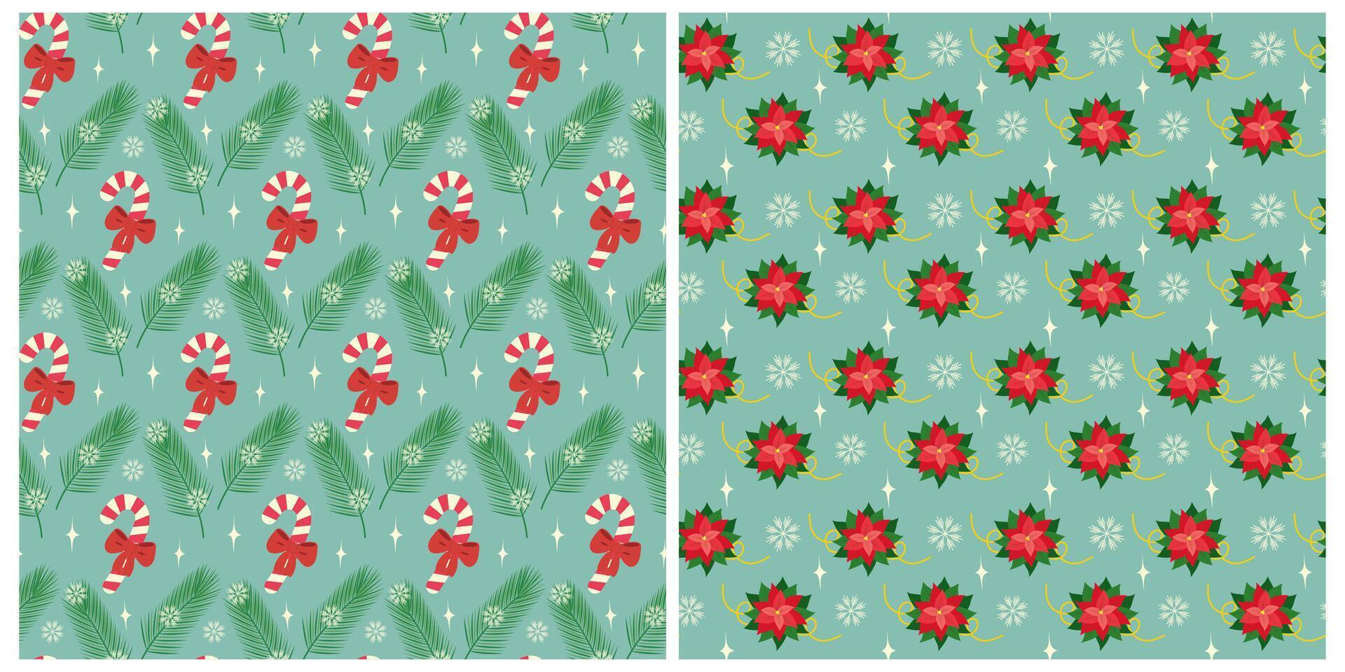 Striped Candy Cane stick tied red bow Pine twigs Poinsettia flower Snowflakes Seamless Pattern Set Two. illustration Wrapping Wallpaper Greeting Thematic Card, poster or web promo banner, leaflet vector