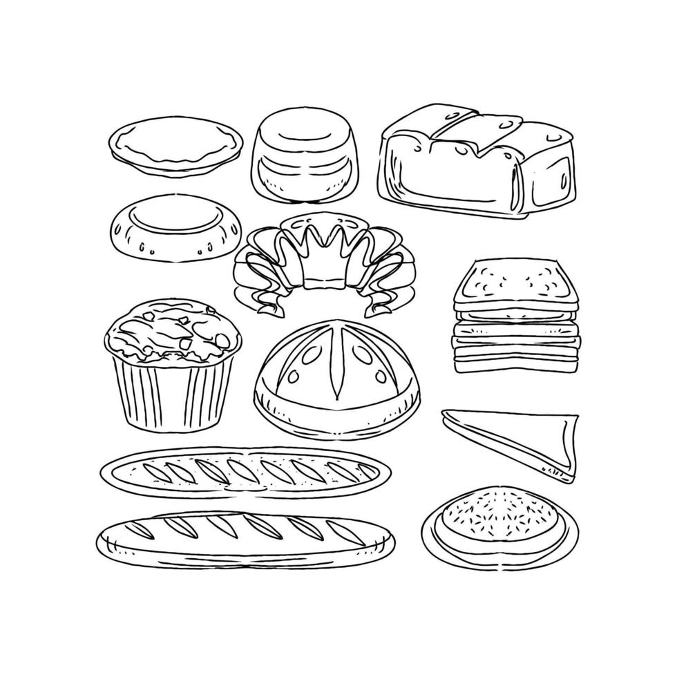 A drawing of various types of bread and pastries vector