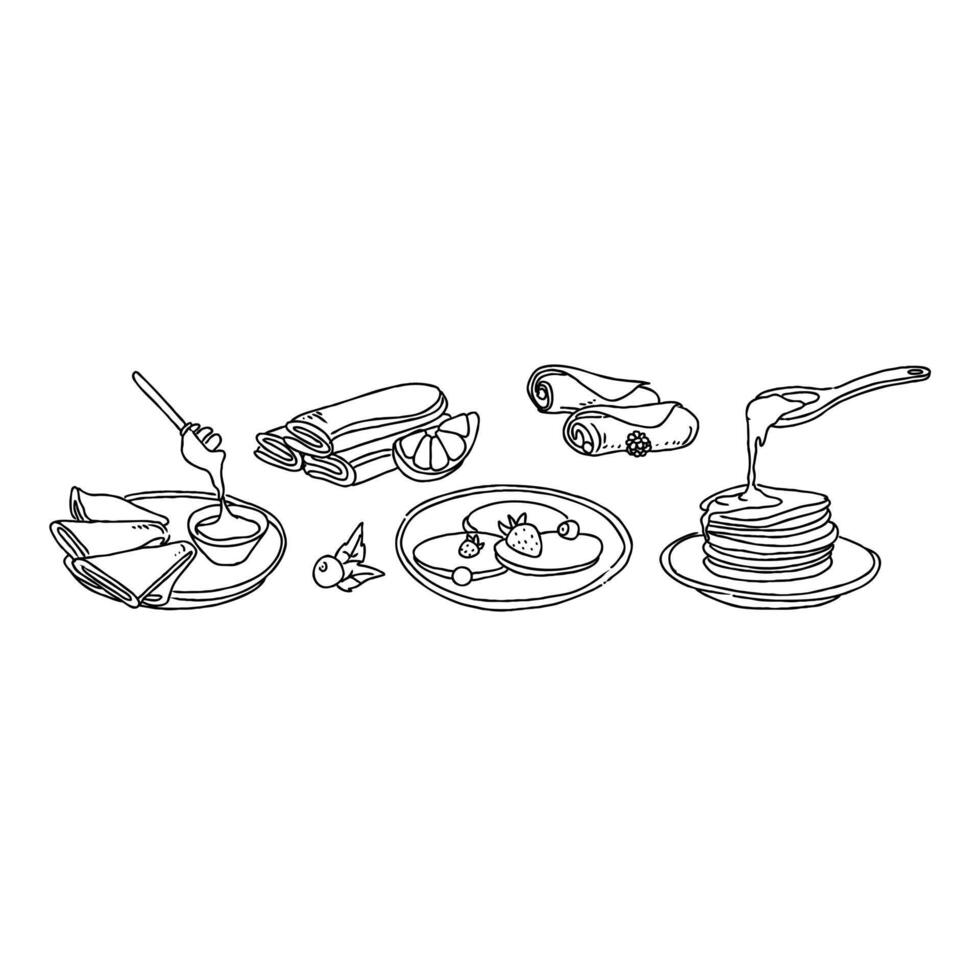 Pancakes, eggs, and fruit on plates in a line drawing vector