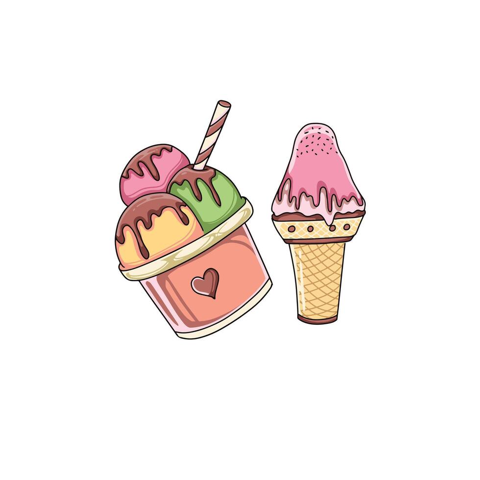 Ice cream and ice cream cones with ice cream and chocolate vector