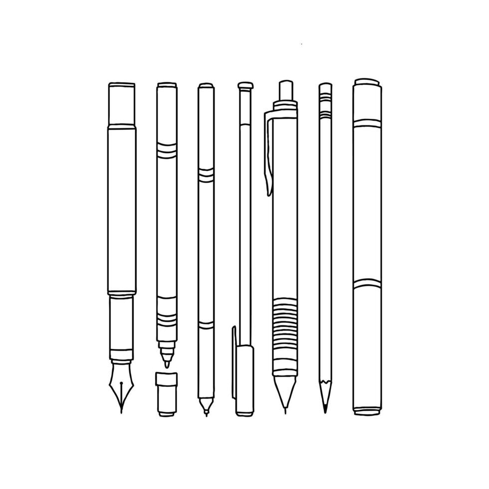 A drawing of a set of pens and pencils vector