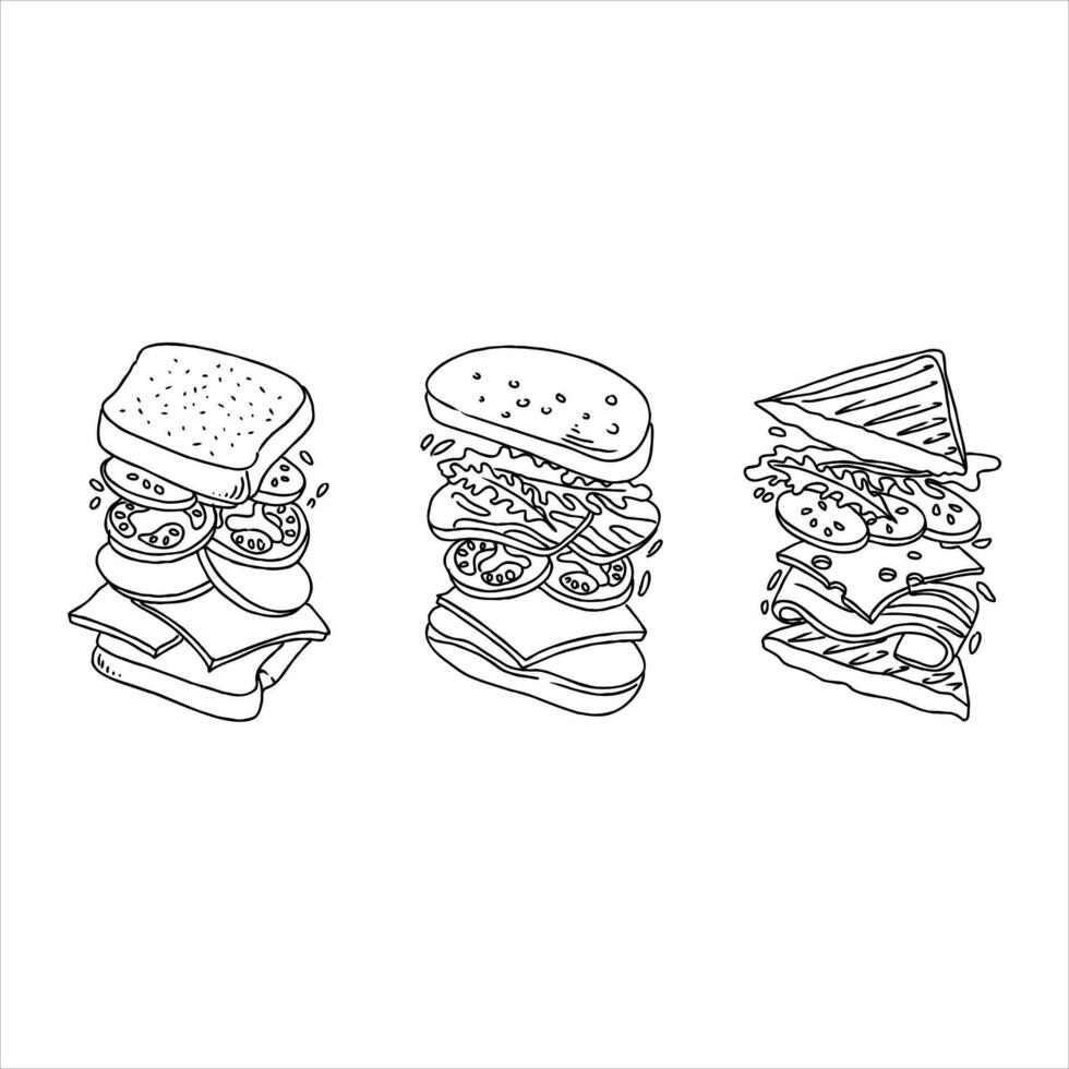 Three different types of sandwiches are shown in a line drawing vector