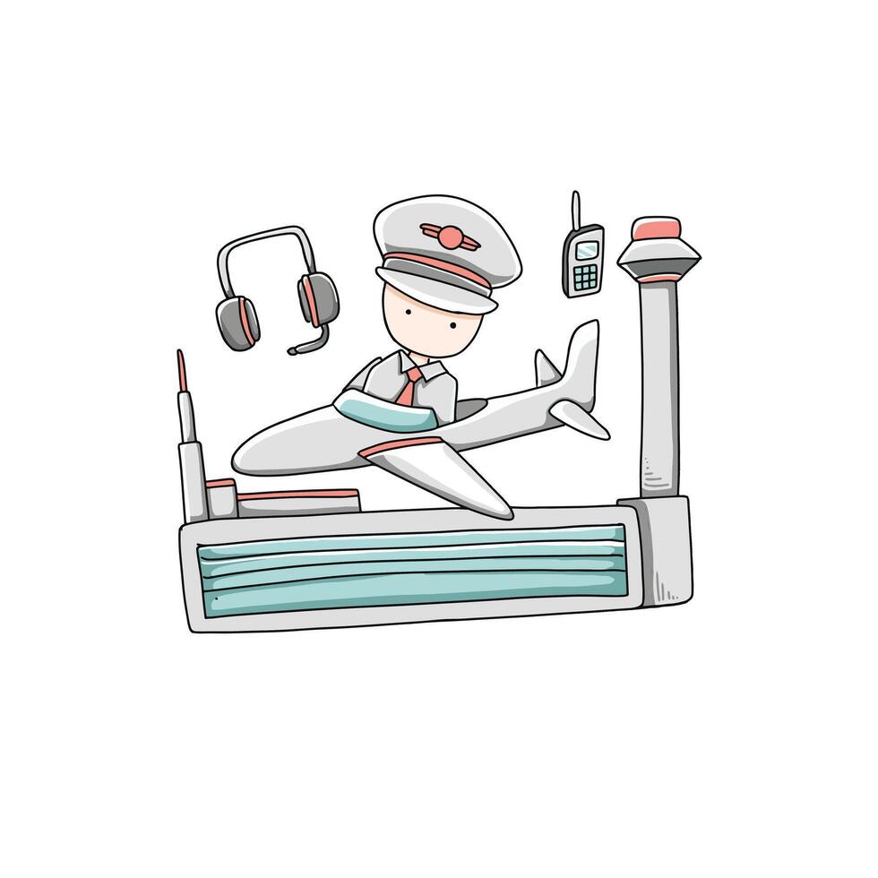 Airport worker with headphones and airplane vector