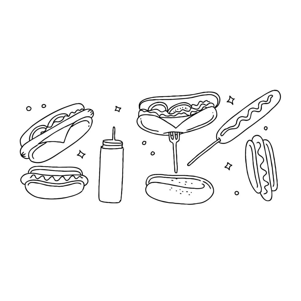 Hot dogs and condiments in a line drawing vector