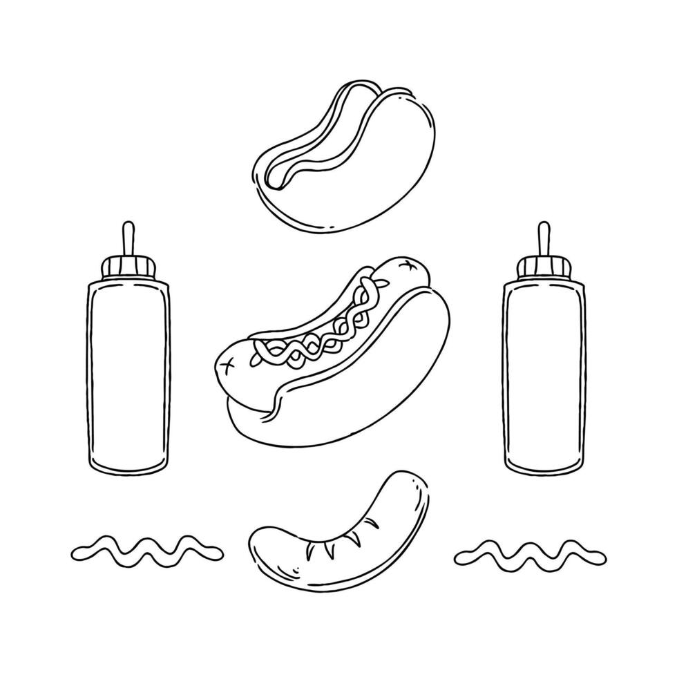 Hot dog, mustard, ketchup, condiments, ketchup bottle, ketchup packet, vector