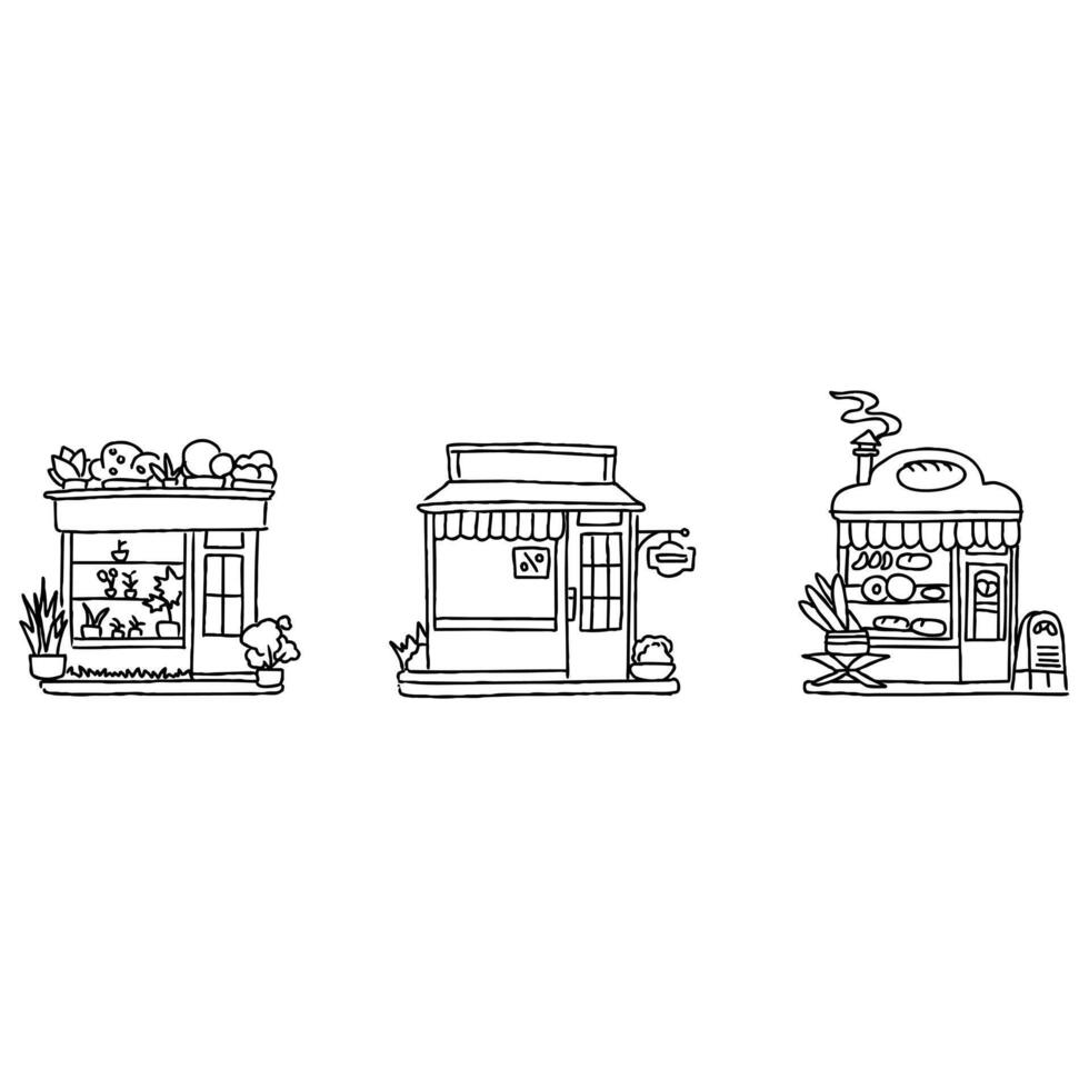 Four different types of buildings in a line drawing vector