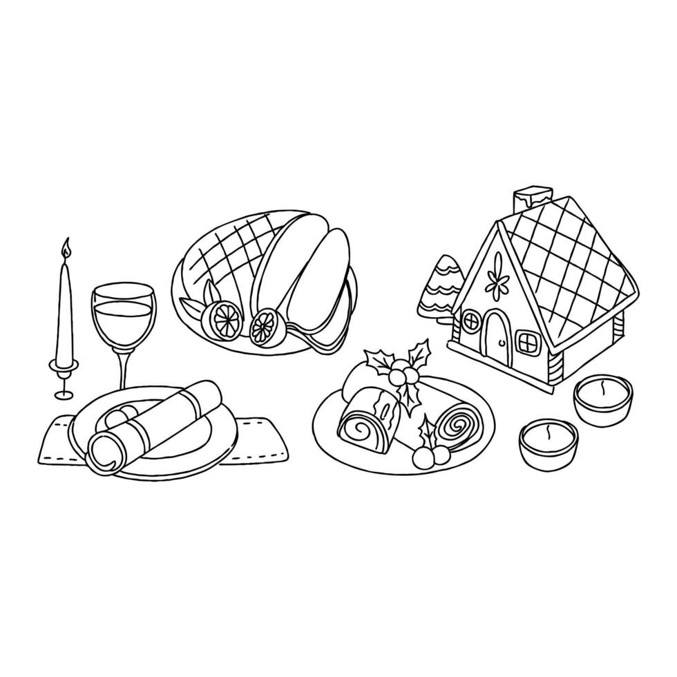 A drawing of a house, a table, and a plate vector