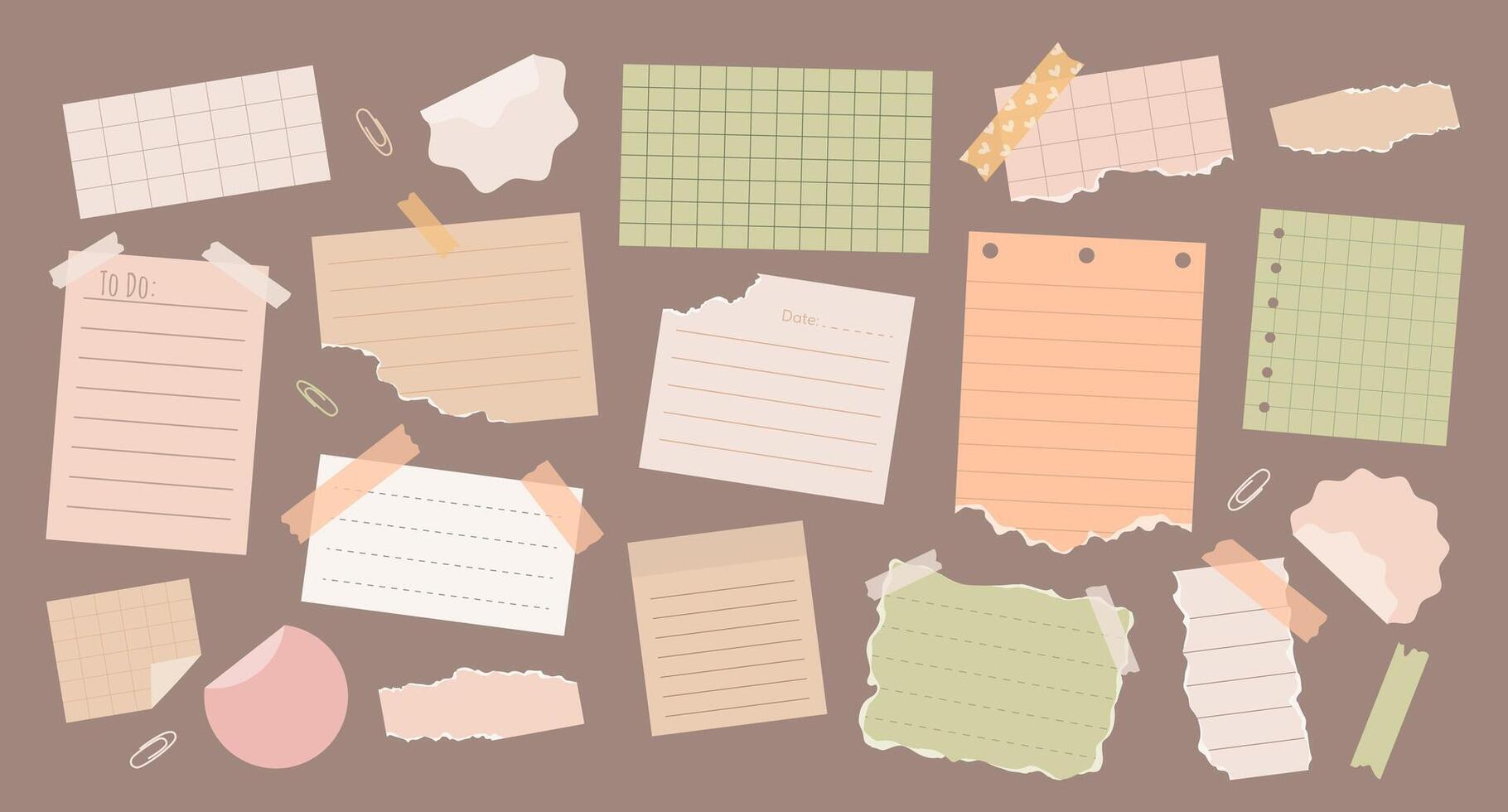 Set of torn paper notes, stickers, to do list, duct tapes, paper clips. Isolated multicolored sticky elements, planners, reminders for mood boards or scrapbooking on background. Flat style. vector