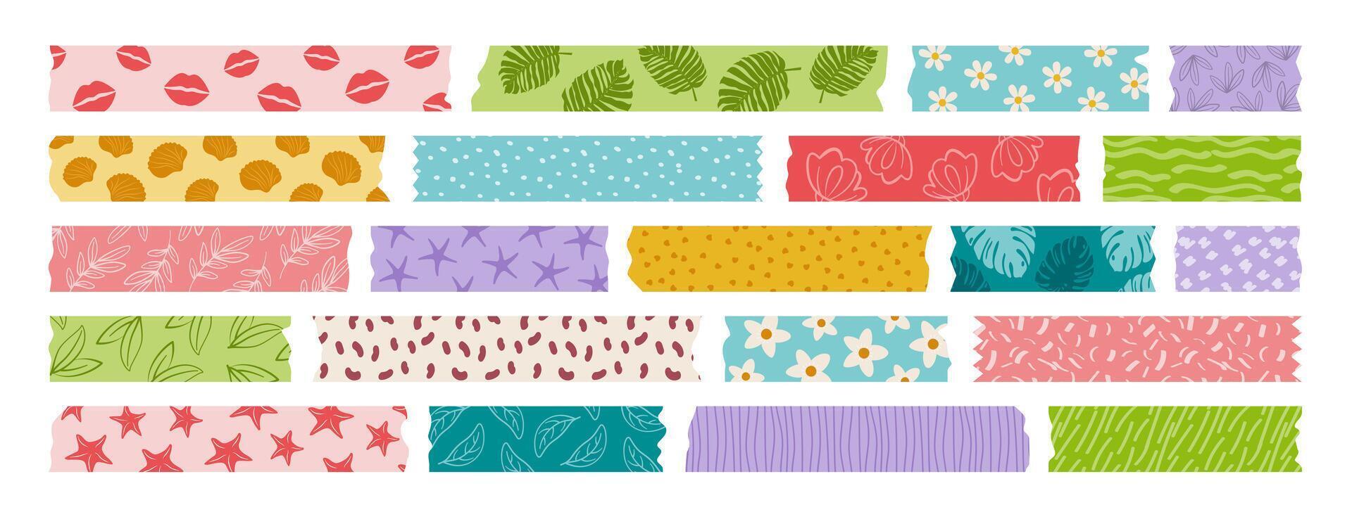 Set of isolated washi tape strips, sticky duct tapes, adhesive paper, and stickers. Various patterned elements with ripped edges on a white background. Collection for scrapbooking and collages. vector