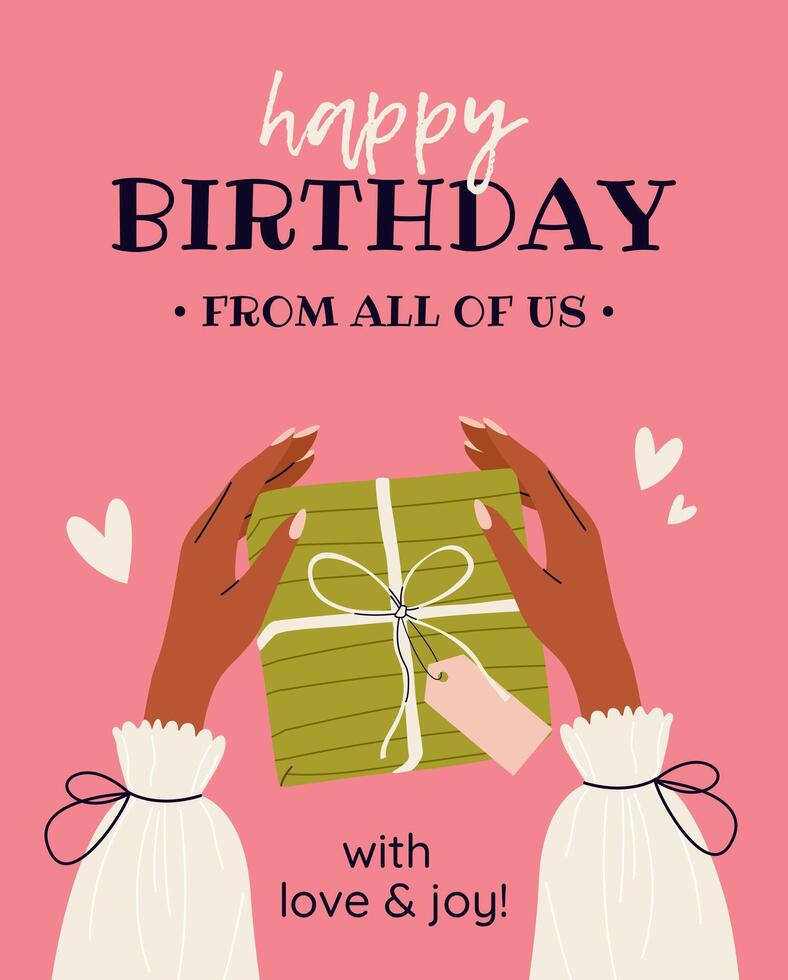 Happy Birthday greeting card or party invitation. Vertical template for celebration event. Female hands holding gift box in wrapping paper. Festive postcard, banner in flat style. Celebration concept. vector
