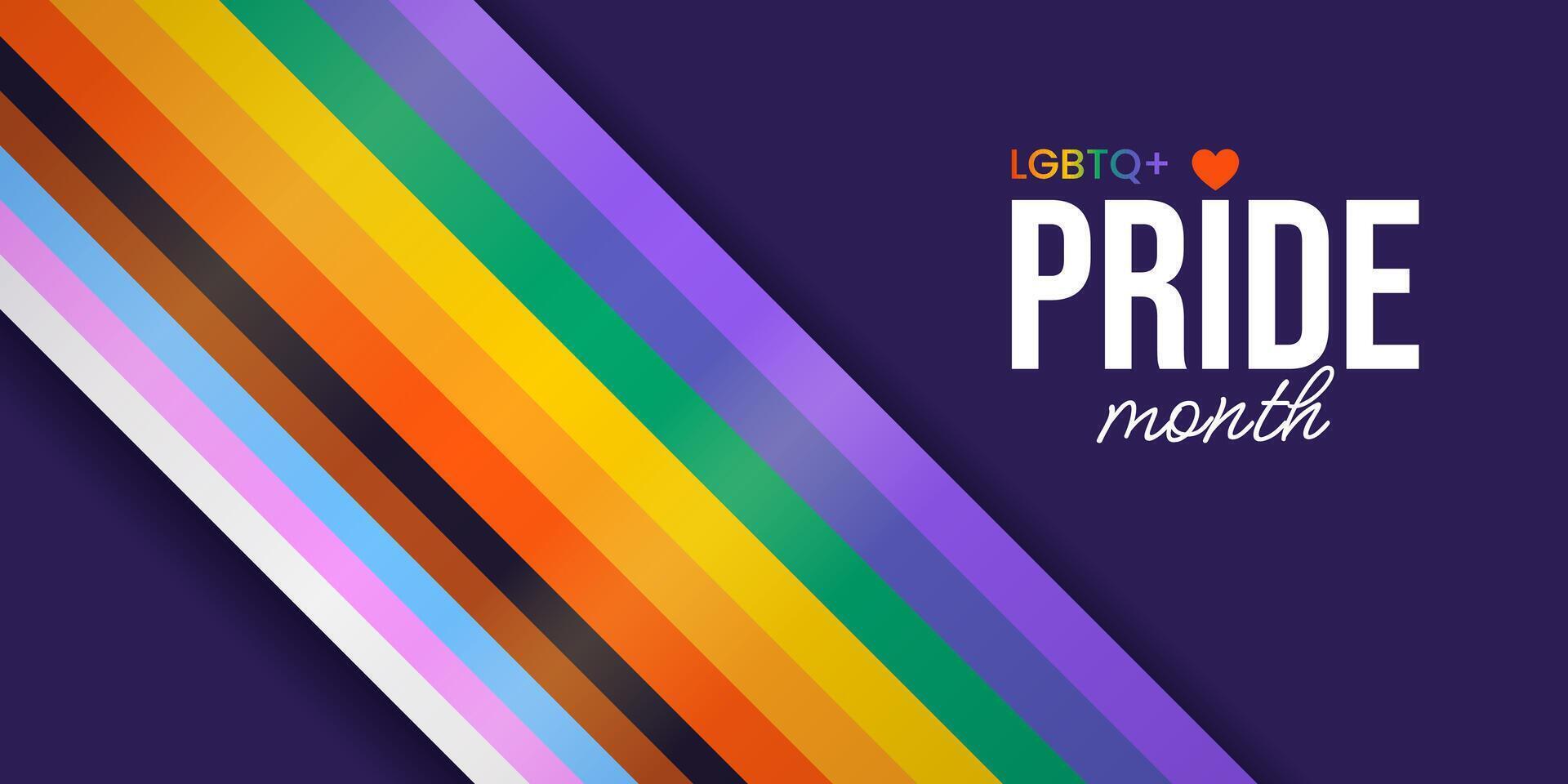 Happy Pride Month. Horizontal festive template for social media posts, banners, backgrounds. LGBTQIA. Background with progress pride flag for festival parades, parties, and events. vector
