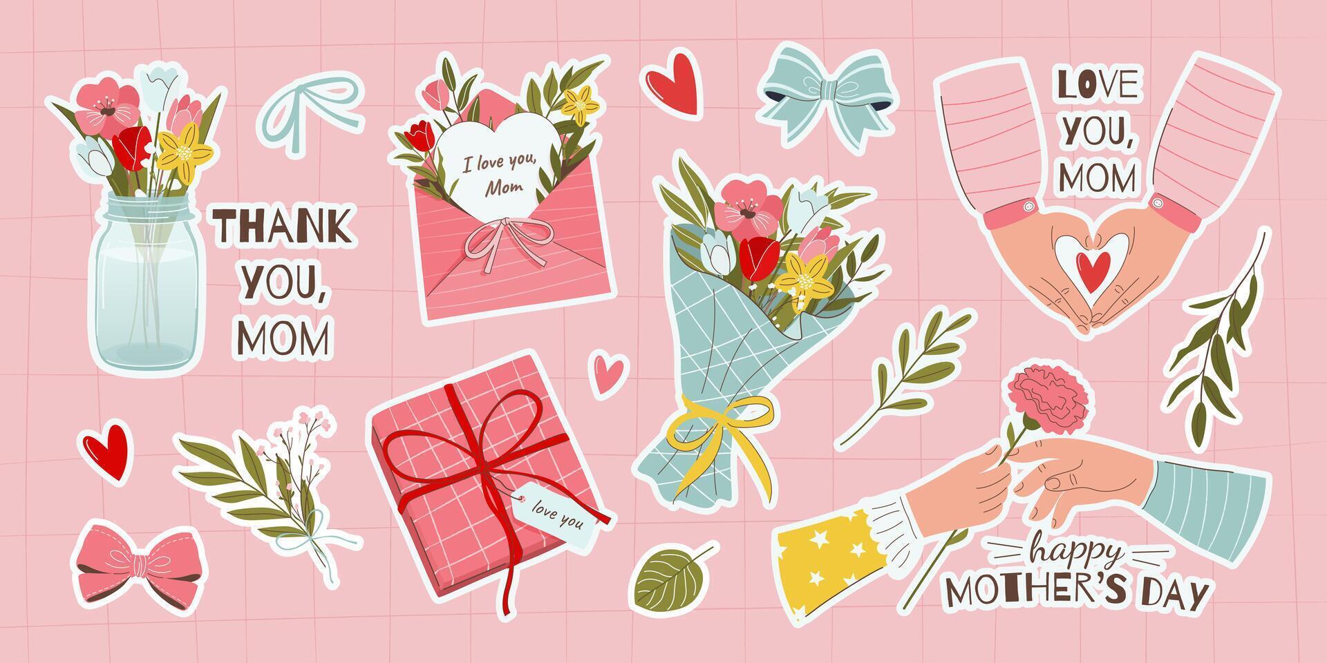 Happy Mother's Day. Set of various hand drawn stickers. Bundle of cute illustrations and celebratory text. Isolated elements on pink background. Clip arts for scrapbooking and collages. vector