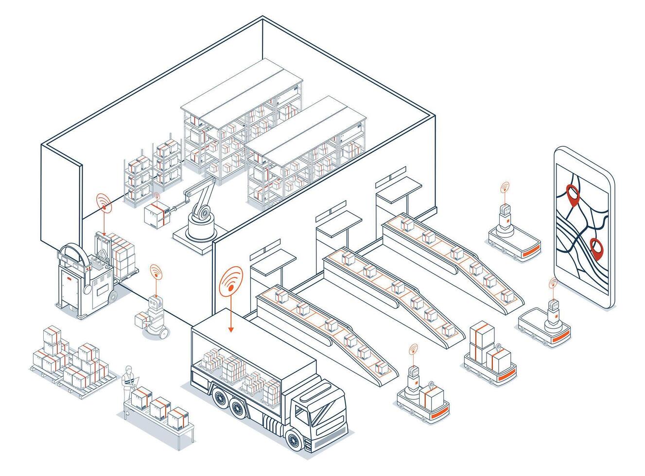 The smart warehouse uses an AGV system to automate material handling, supporting its flexible logistics and accurate inventory counts. vector