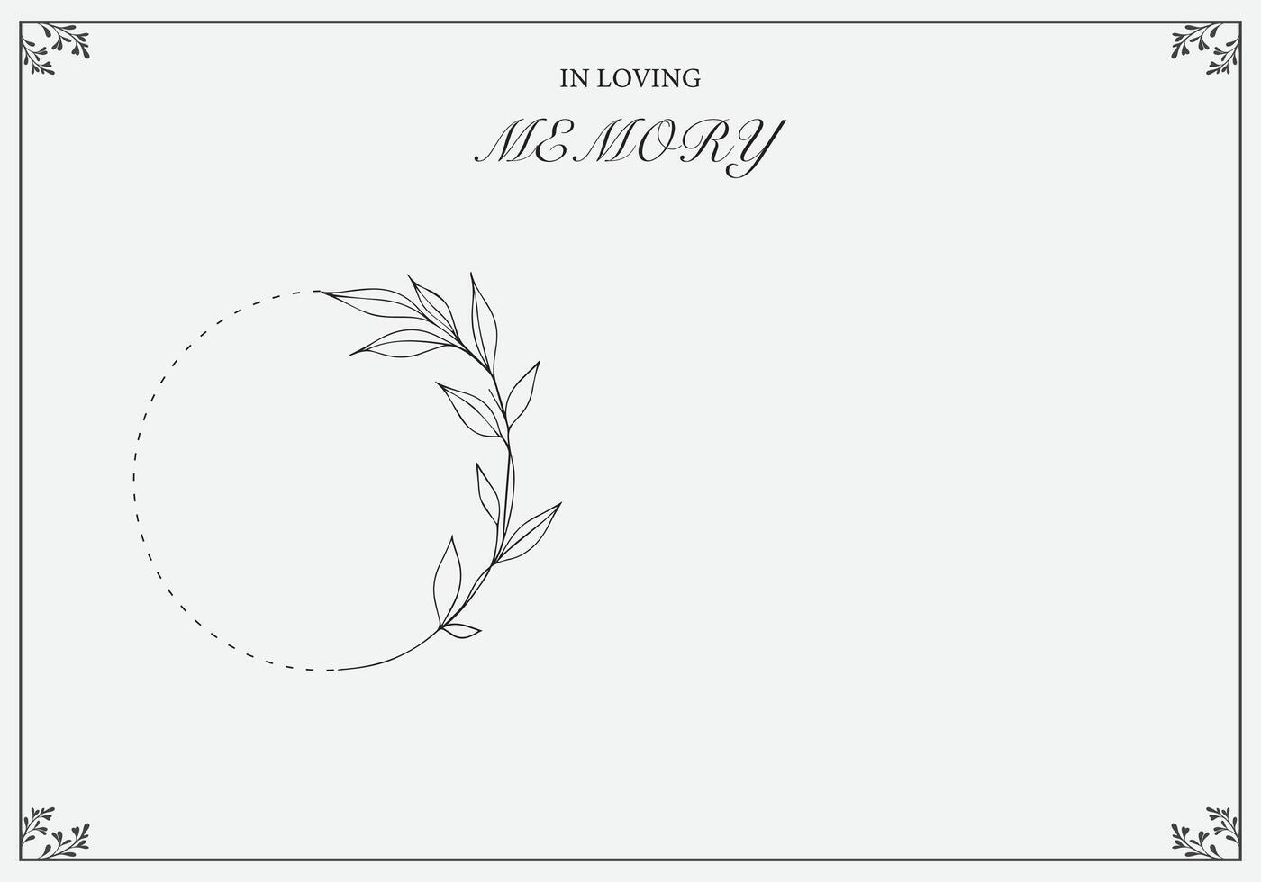 Funeral card. Empty card with light background and photo frame with leaves. In loving memory. vector
