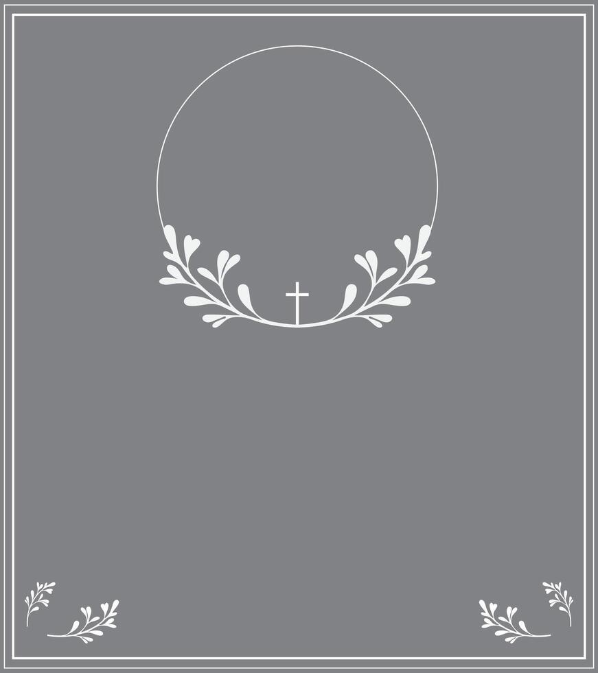 Funeral card. Empty card with grey background and photo frame. Church cross. vector
