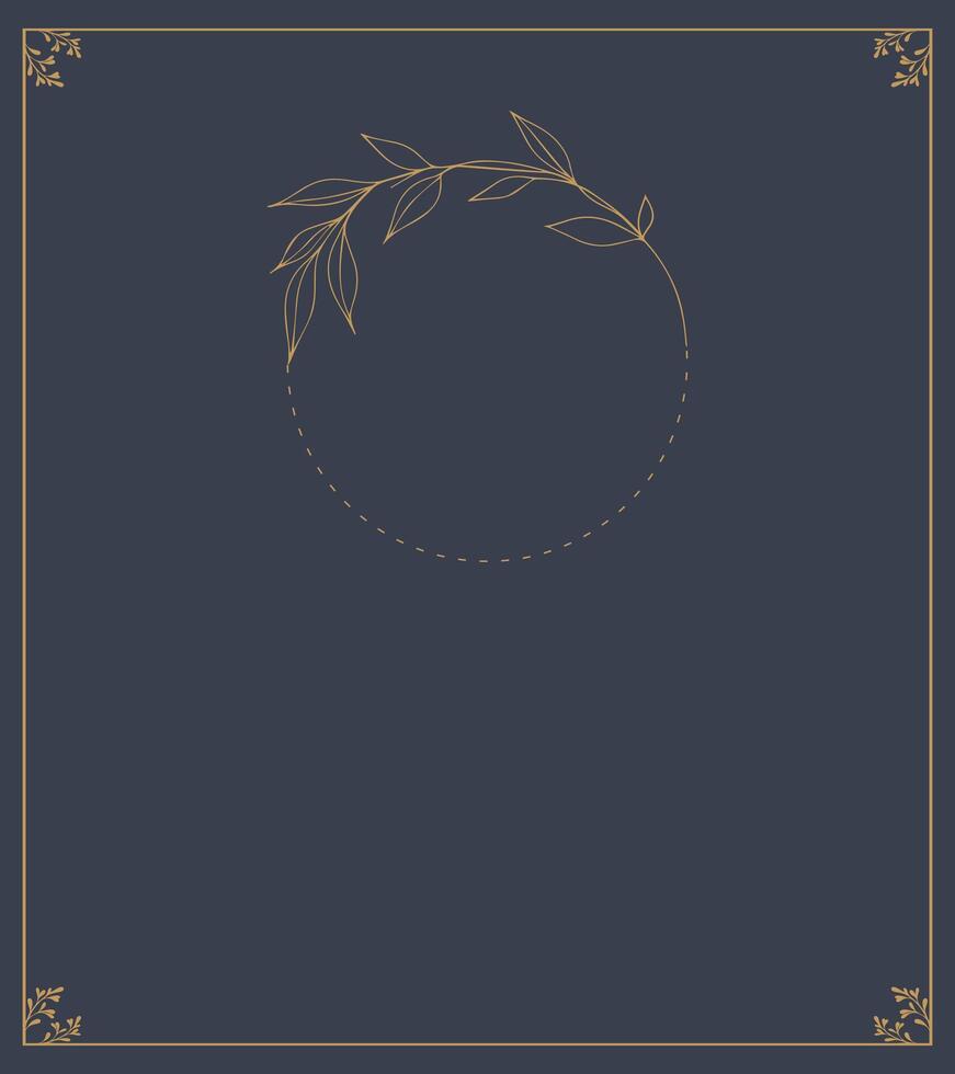 Funeral card. Empty card with dark background and photo frame with leaves. Gold frame. vector