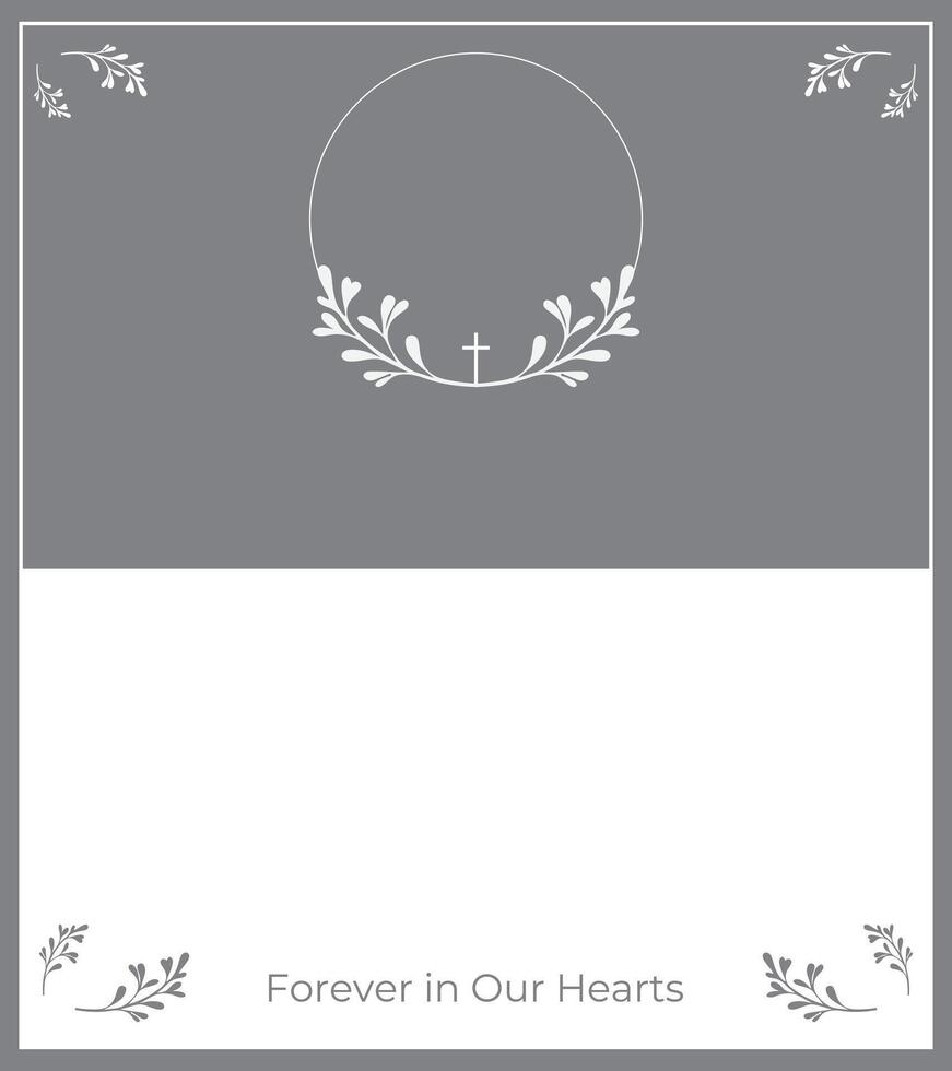Funeral card. Empty card with grey and white background. Photo frame with leaves. vector