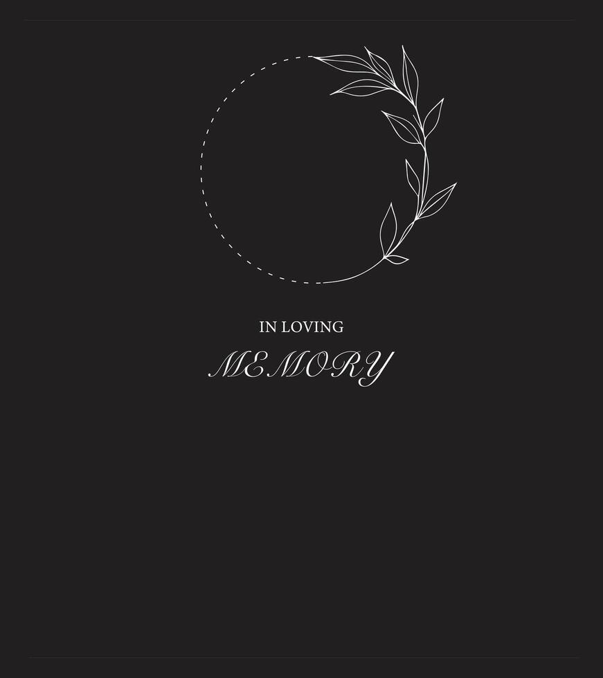 Funeral card. Empty card with black background and photo frame with flowers. vector