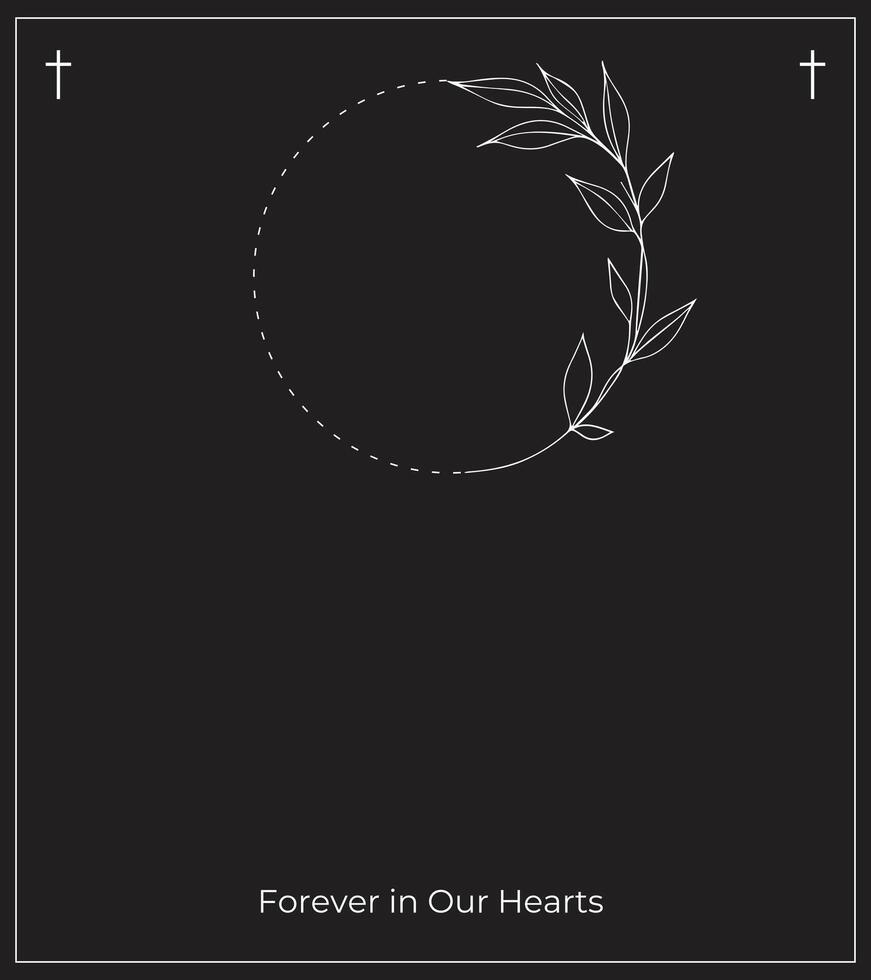 Funeral card. Empty card with black background and photo frame. Church cross. vector