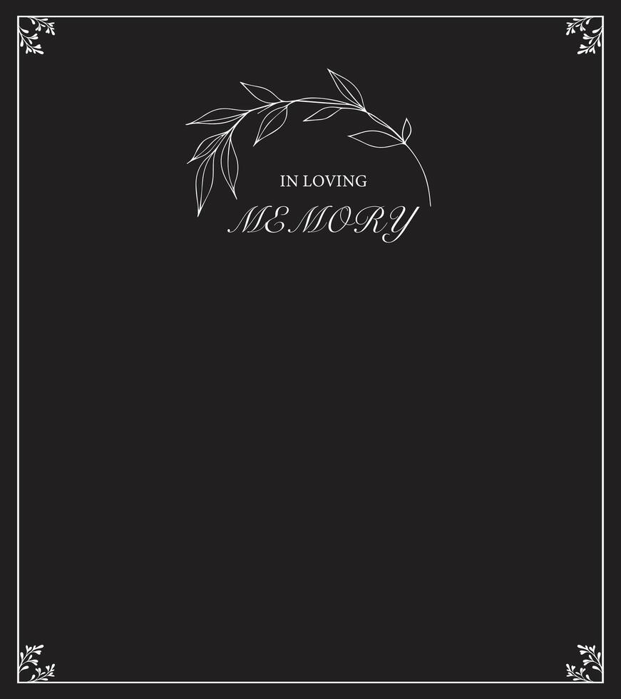 Funeral card. Empty card with black background and frame. Church cross. In loving memory. vector
