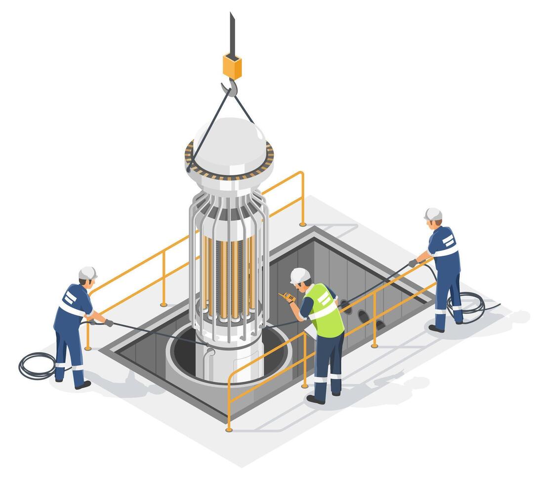 Engineers installing micro nuclear reactor for industrial clean energy generation with safety measures in isometric illustration isometric cartoon vector