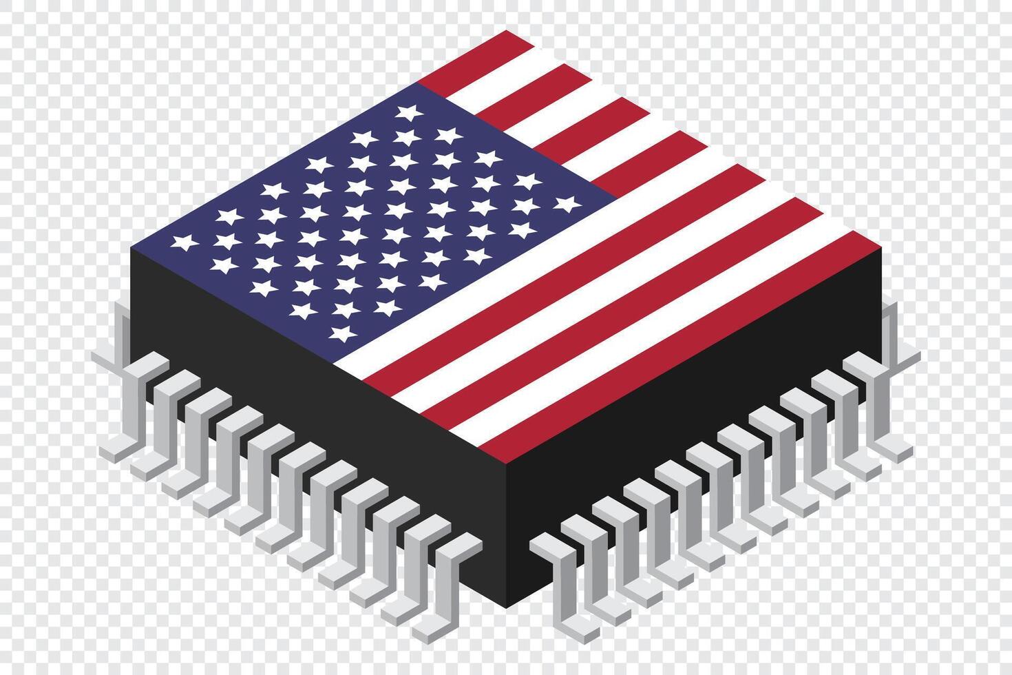 Microchip computer electronic component with USA flag. Microchip icon. Isometric microchip. Computer processor technology vector