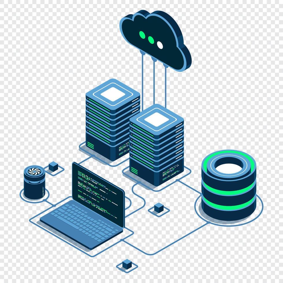 Cloud technology computing concept. Modern cloud technology. Data center isometric concept. Isometric cloud technology with data center. Web hosting concept. Isometric technology vector