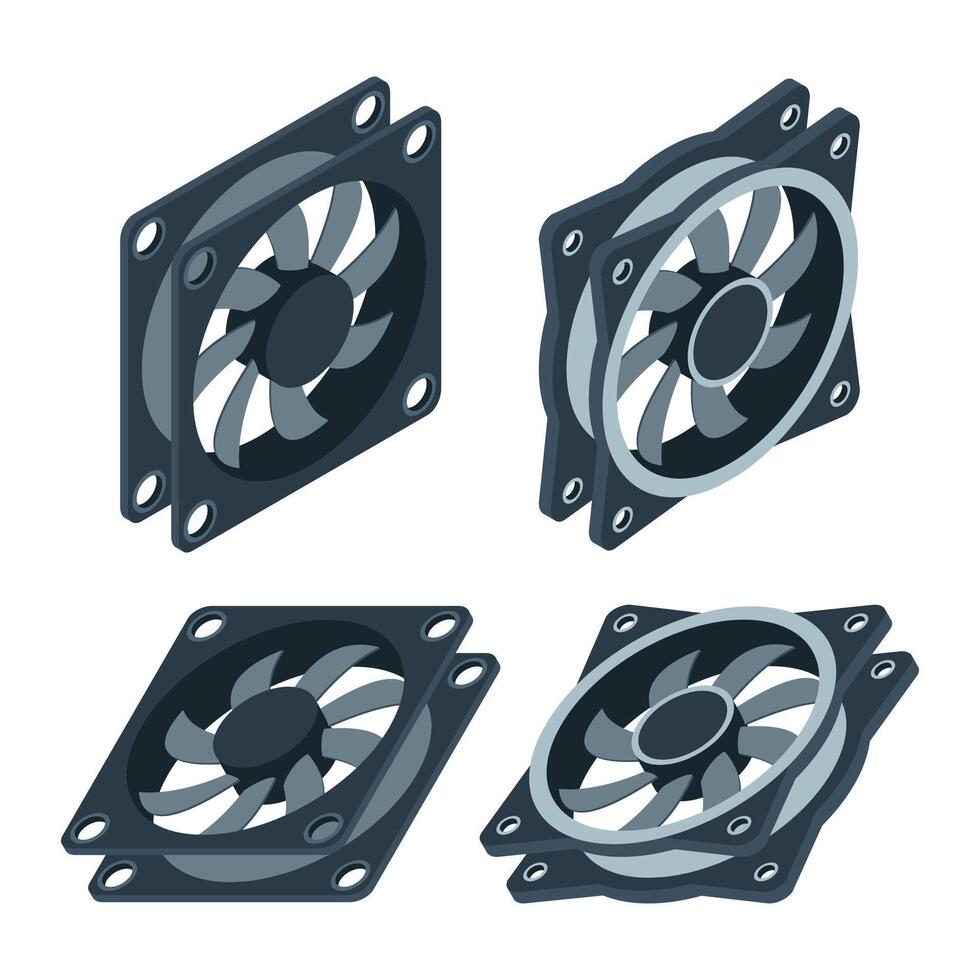 Set of isometric computer fan. Computer fan cooler. Isometric of PC case fan. Computer hardware components. illustration vector